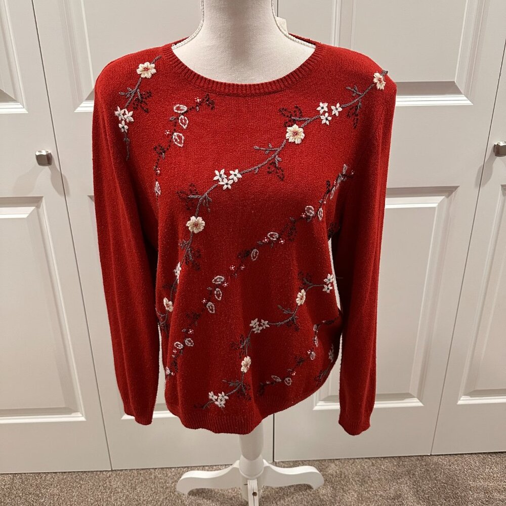 Alfred Dunner red long sleeve sweater size medium with embroidered flowers